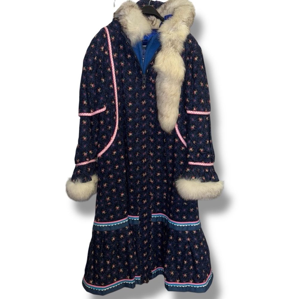 Northern Transition Vintage Inuit Navy Floral Wool Parka Coat w/ Real Fur Trim